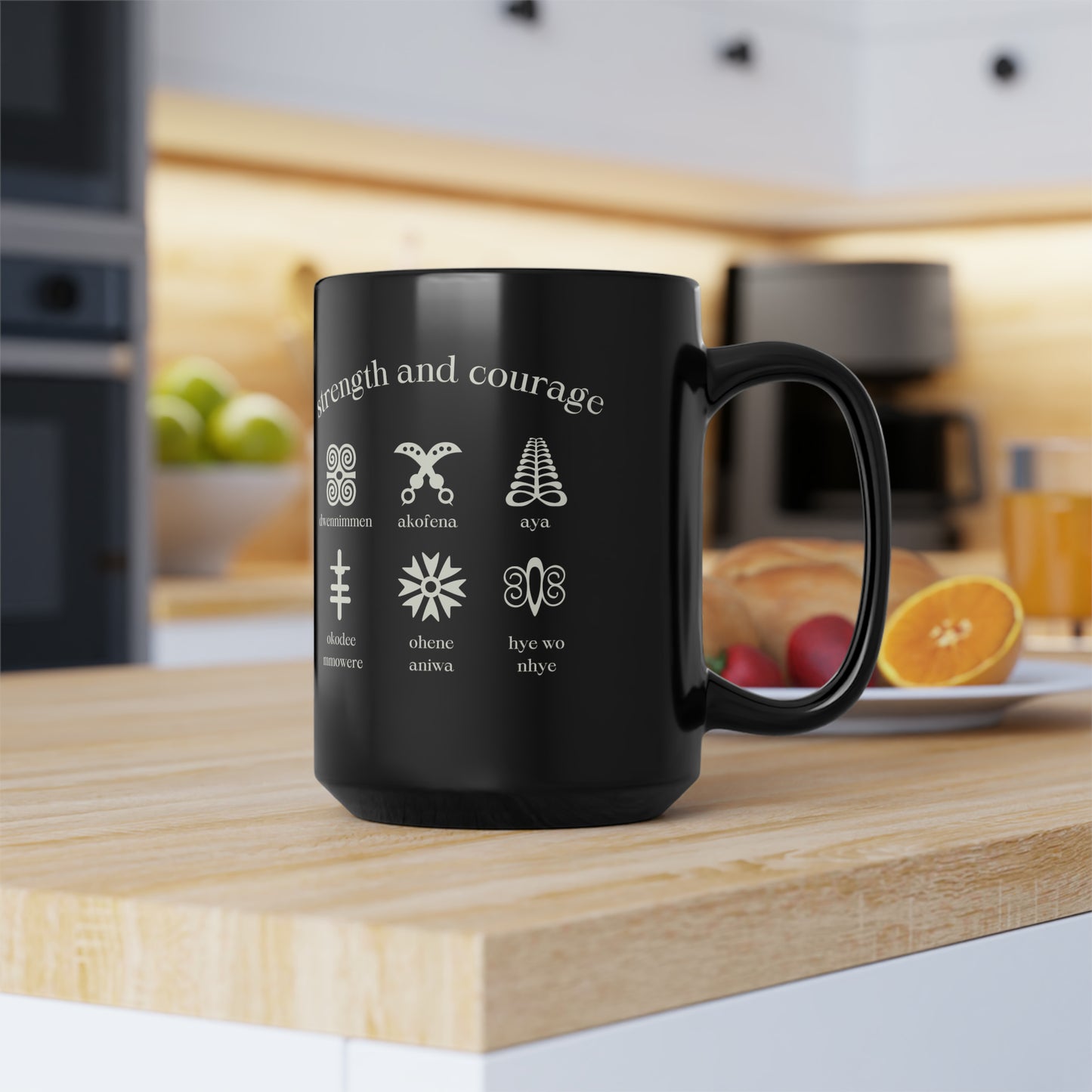 Chefao Adinkra Strength and Courage, Black Mug, 15oz