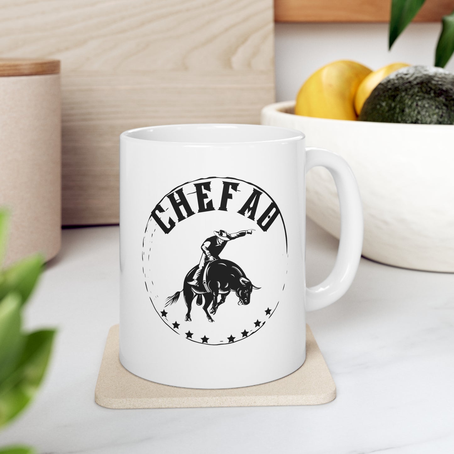 Chefao Bull Riding II, White Coffee Mug, 11oz