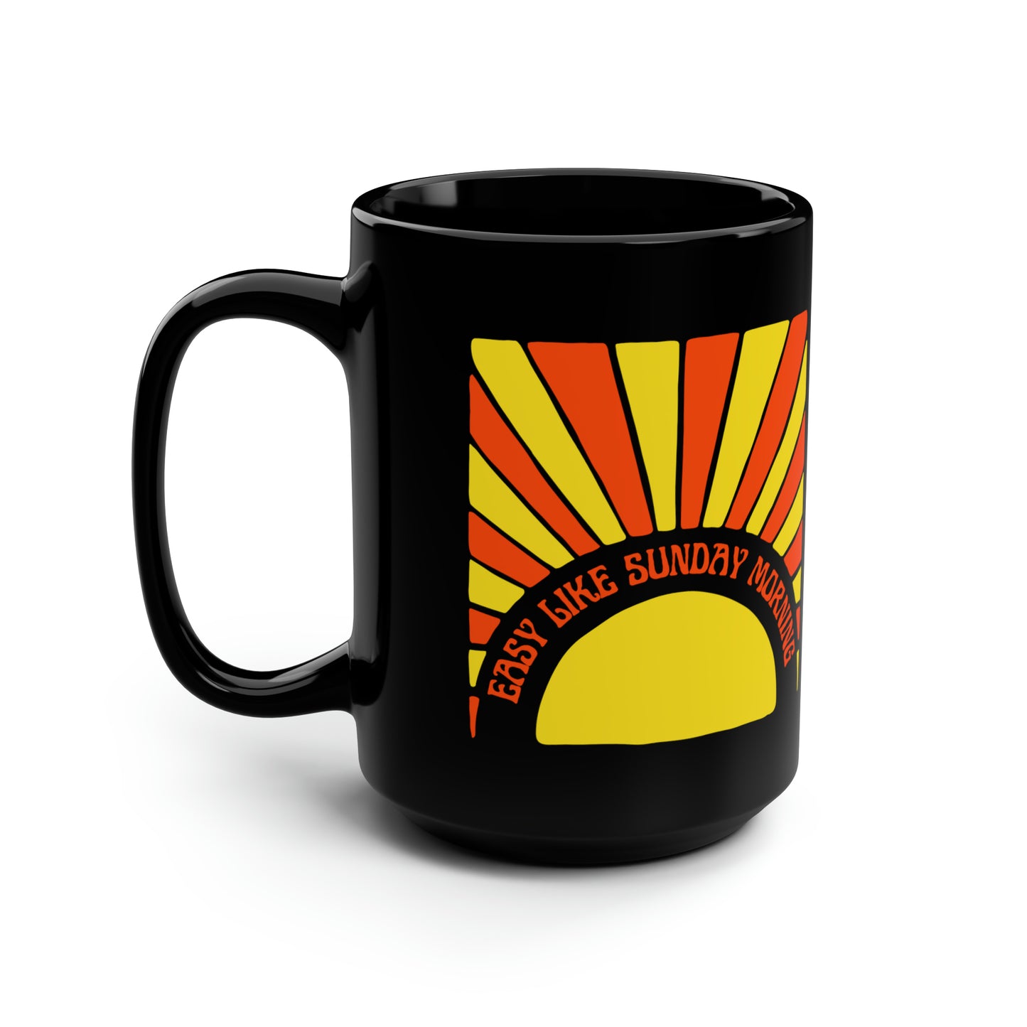 Easy Like Sunday Morning (Red/Yellow), Black Mug, 15oz