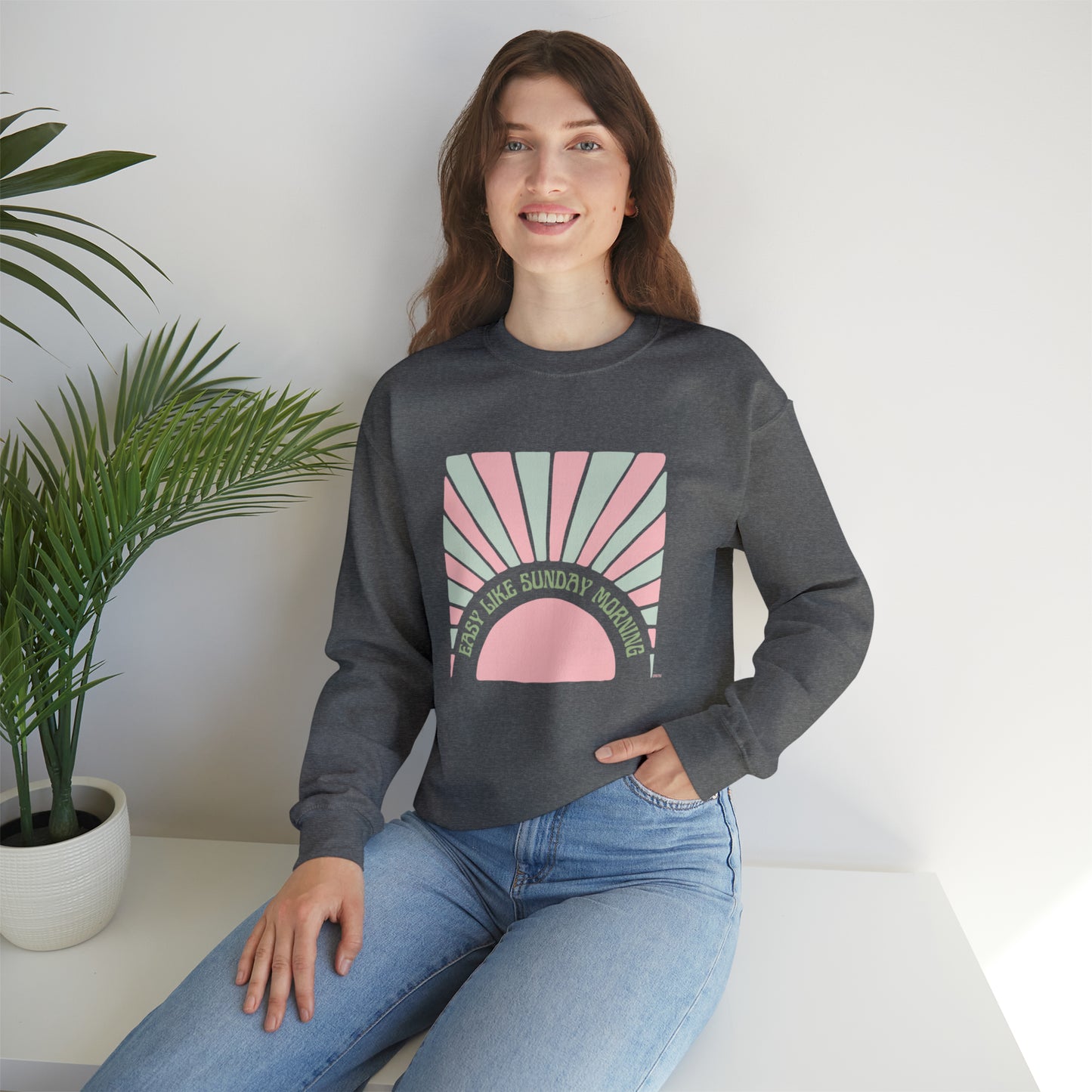 Easy Like Sunday Morning Pink & Green, Unisex Heavy Blend Crewneck Sweatshirt