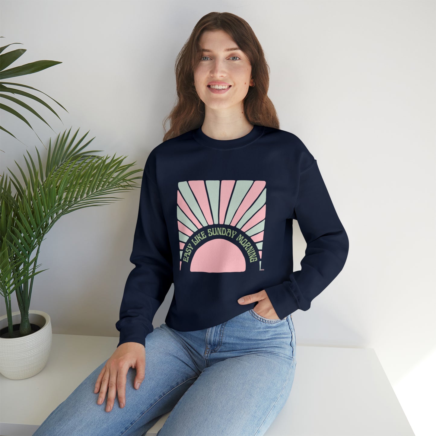 Easy Like Sunday Morning Pink & Green, Unisex Heavy Blend Crewneck Sweatshirt