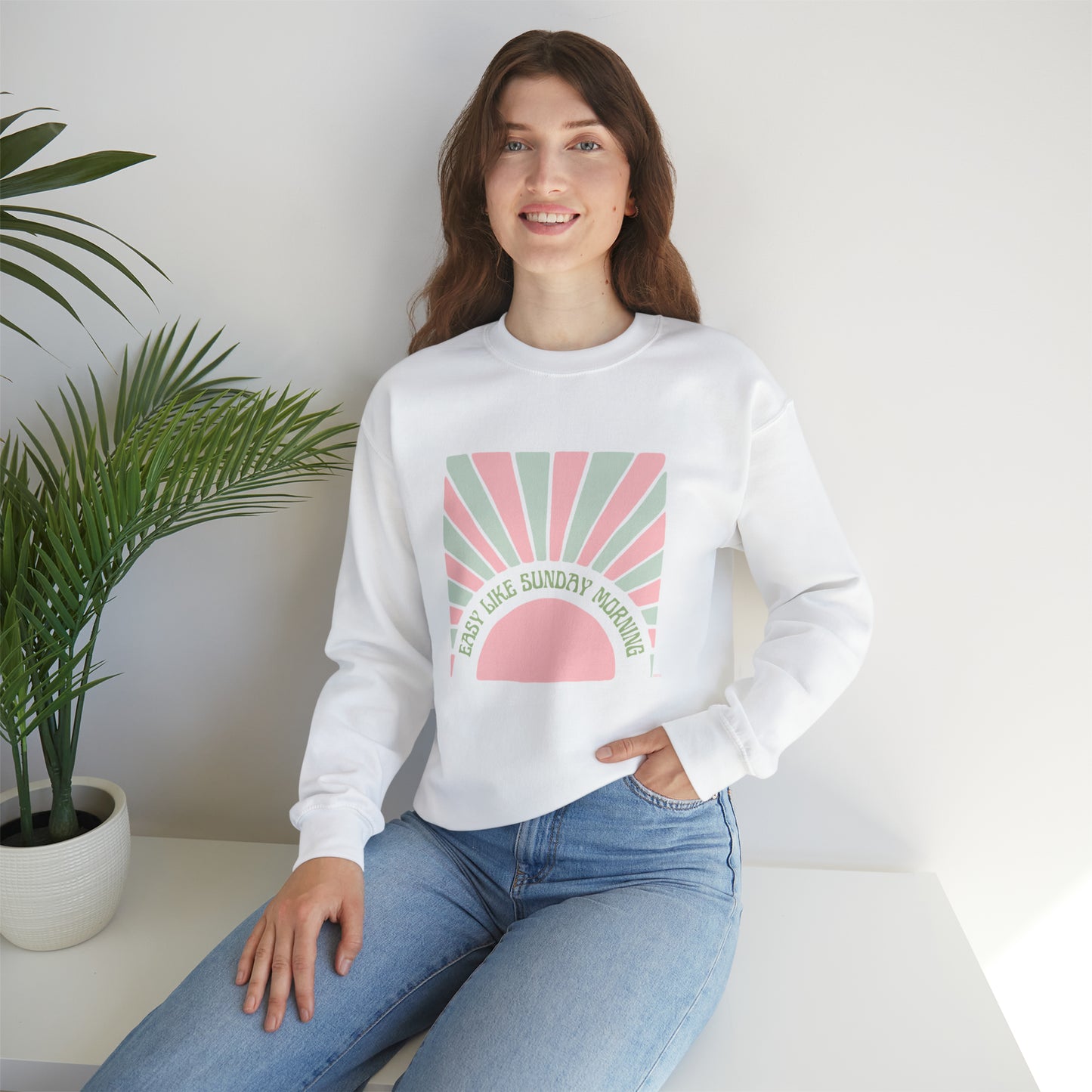 Easy Like Sunday Morning Pink & Green, Unisex Heavy Blend Crewneck Sweatshirt