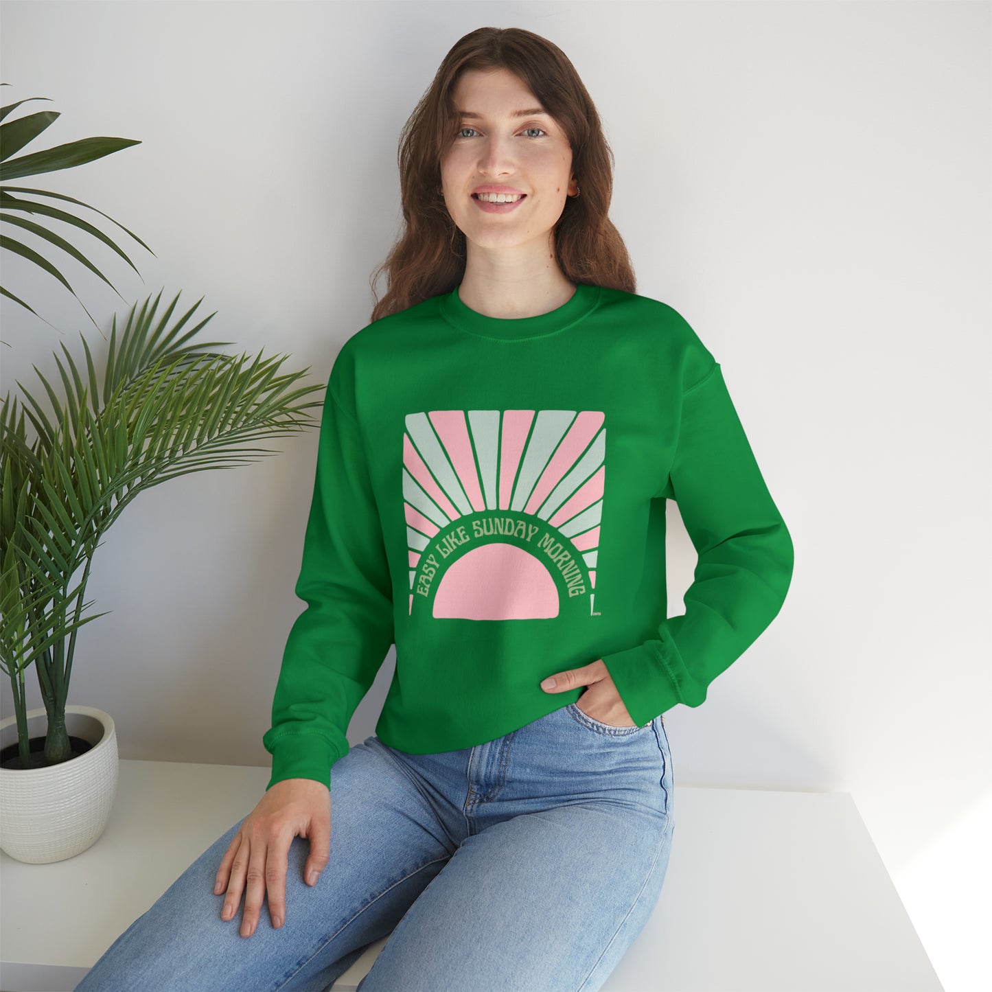 Easy Like Sunday Morning Pink & Green, Unisex Heavy Blend Crewneck Sweatshirt