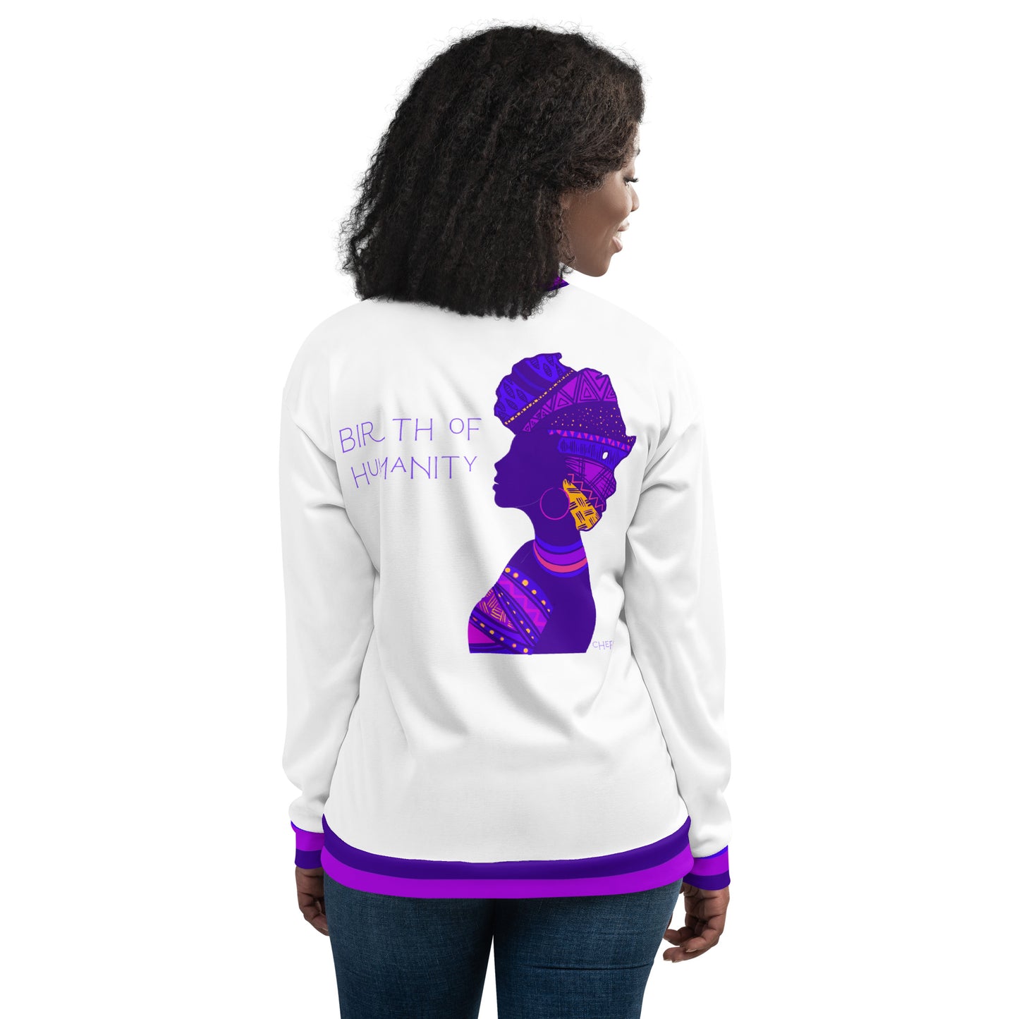 Birth of Humanity™ I, White/Purple Unisex Bomber Jacket