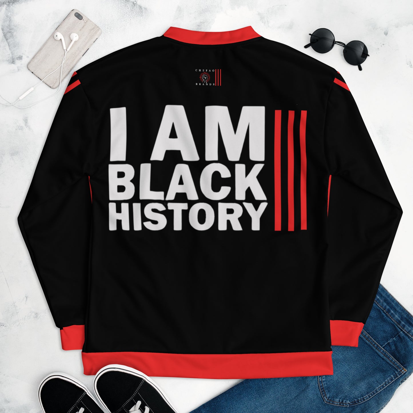 Chefao I Am Black History I, Unisex Bomber Jacket (Black)