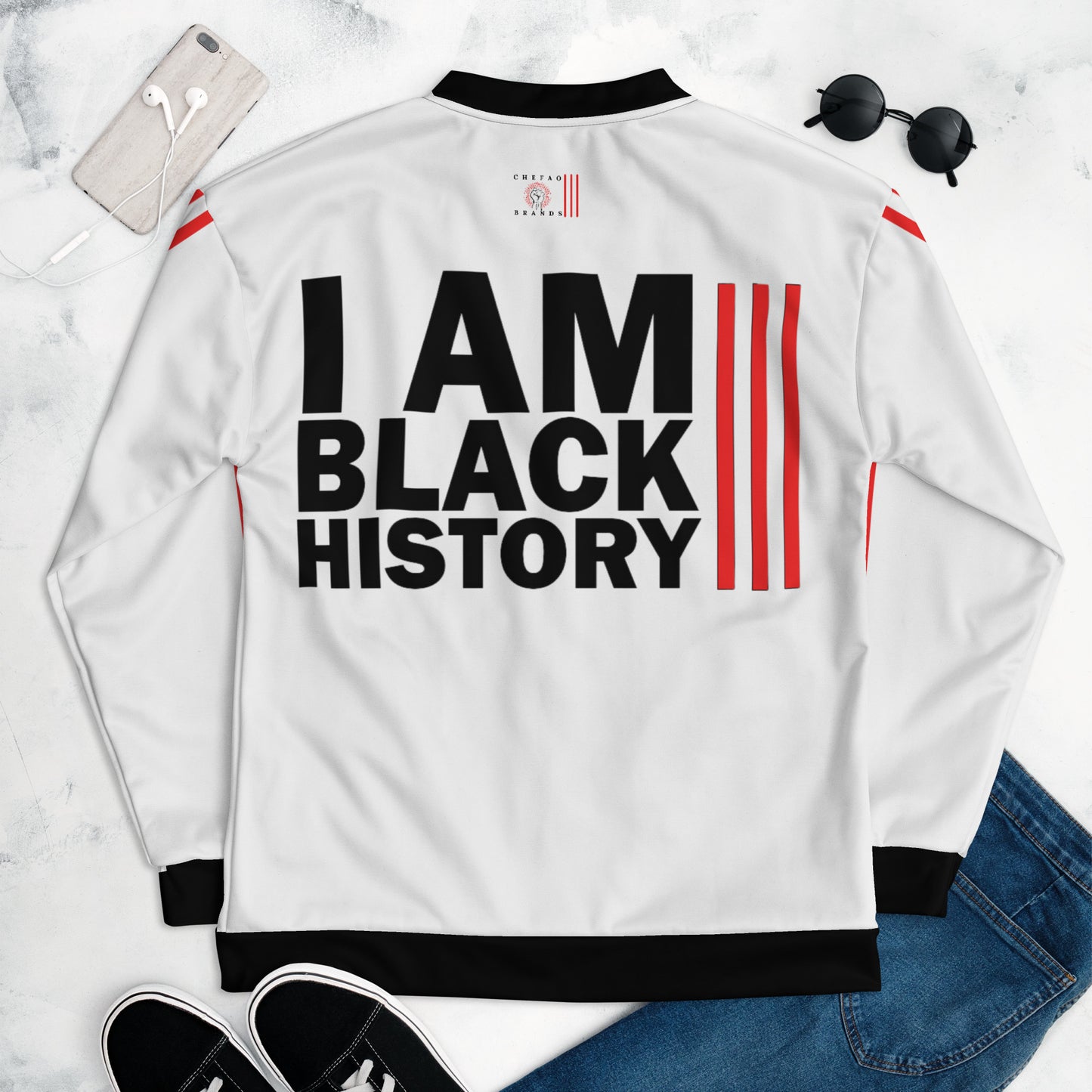 Chefao I Am Black History I, Unisex Bomber Jacket (White)