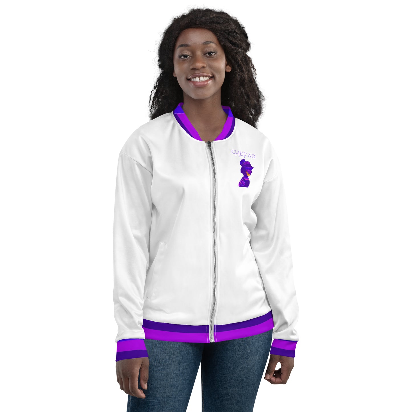 Birth of Humanity™ I, White/Purple Unisex Bomber Jacket