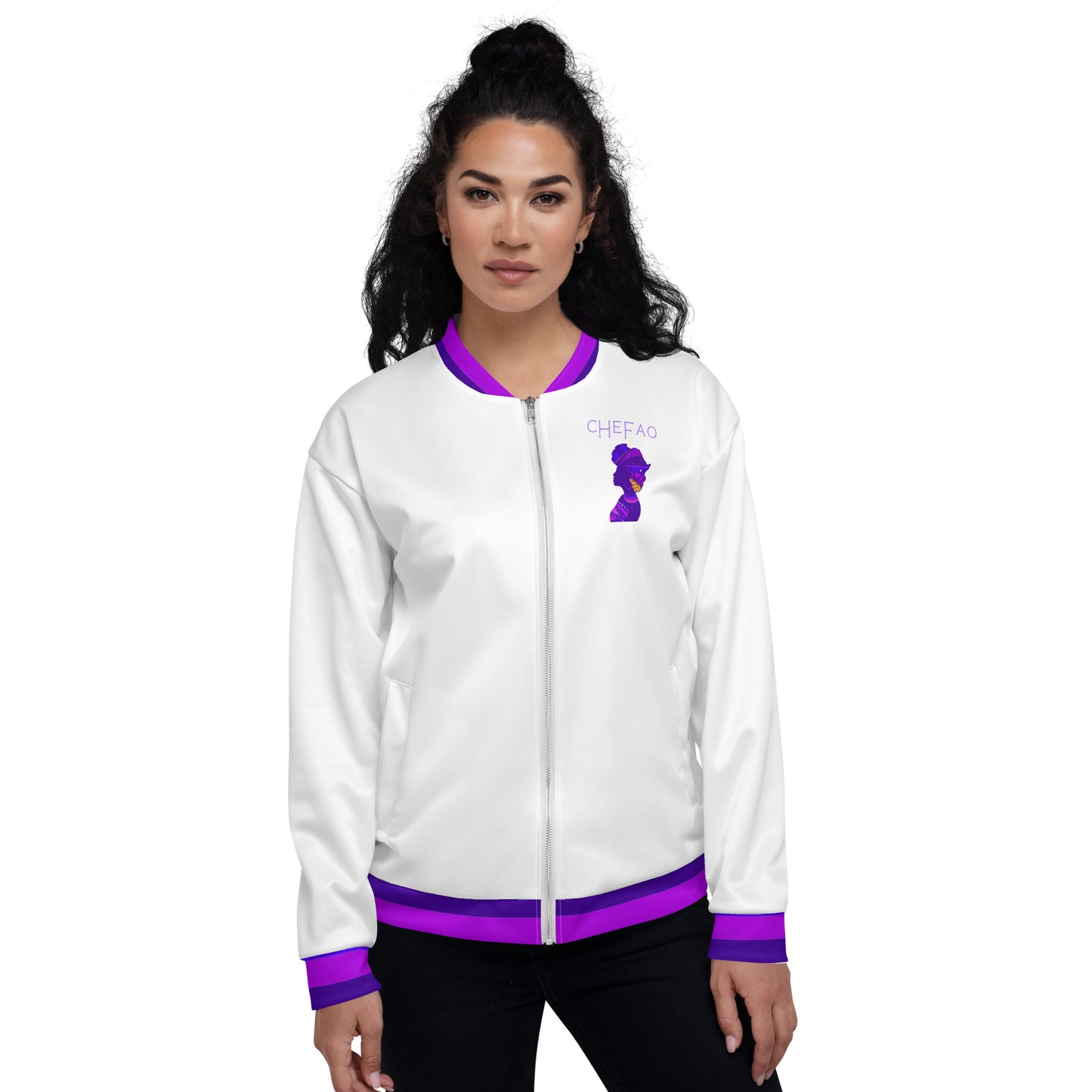 Birth of Humanity™ I, White/Purple Unisex Bomber Jacket