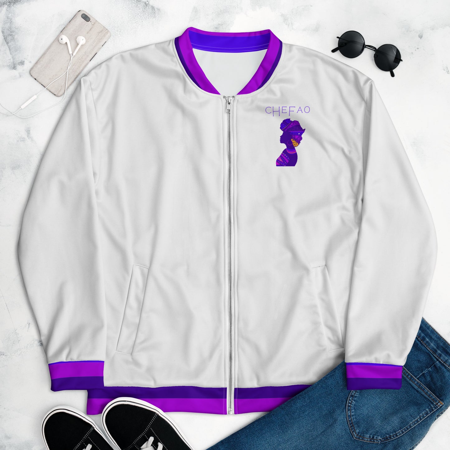 Birth of Humanity™ I, White/Purple Unisex Bomber Jacket