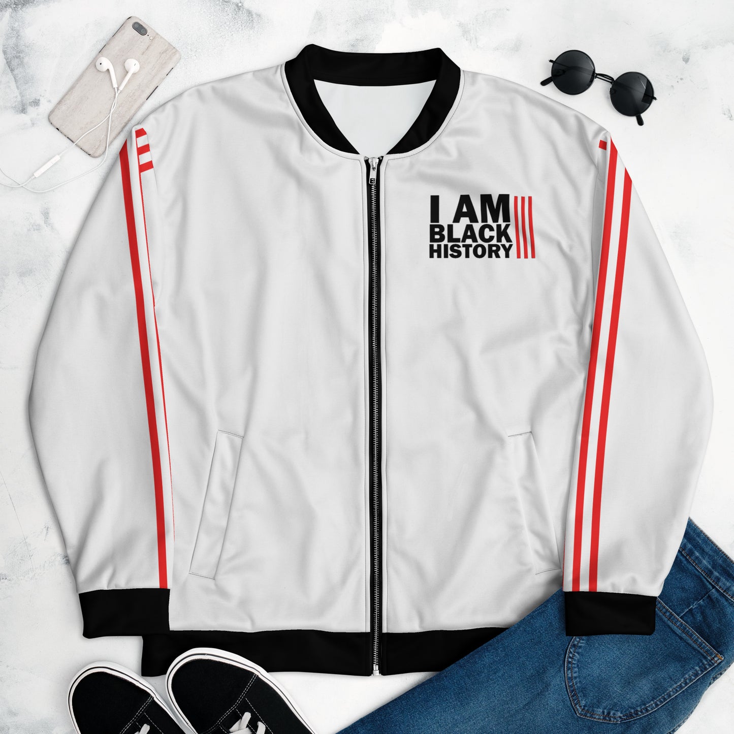 Chefao I Am Black History I, Unisex Bomber Jacket (White)