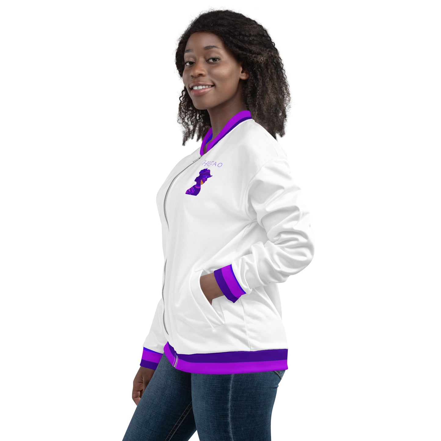 Birth of Humanity™ I, White/Purple Unisex Bomber Jacket