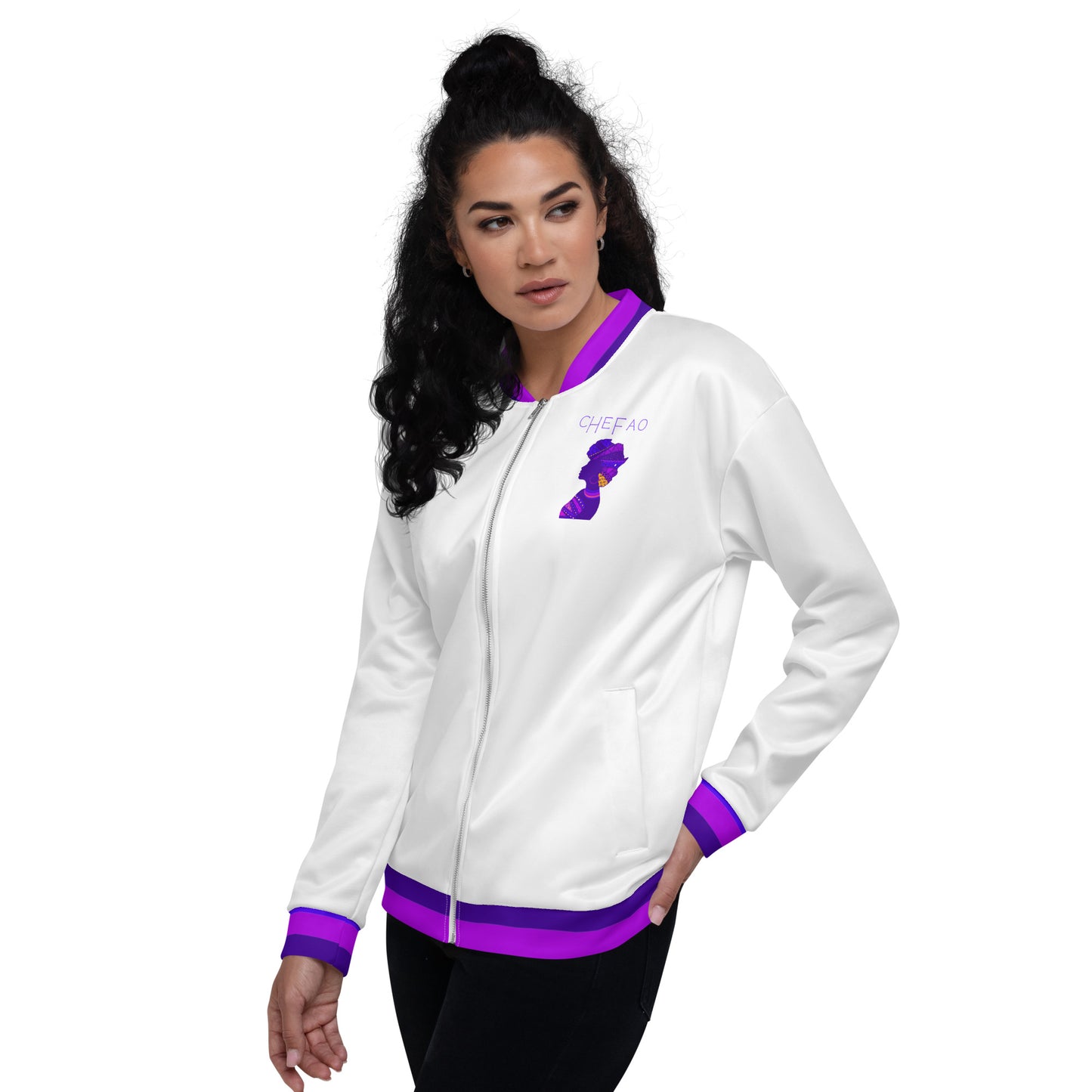 Birth of Humanity™ I, White/Purple Unisex Bomber Jacket