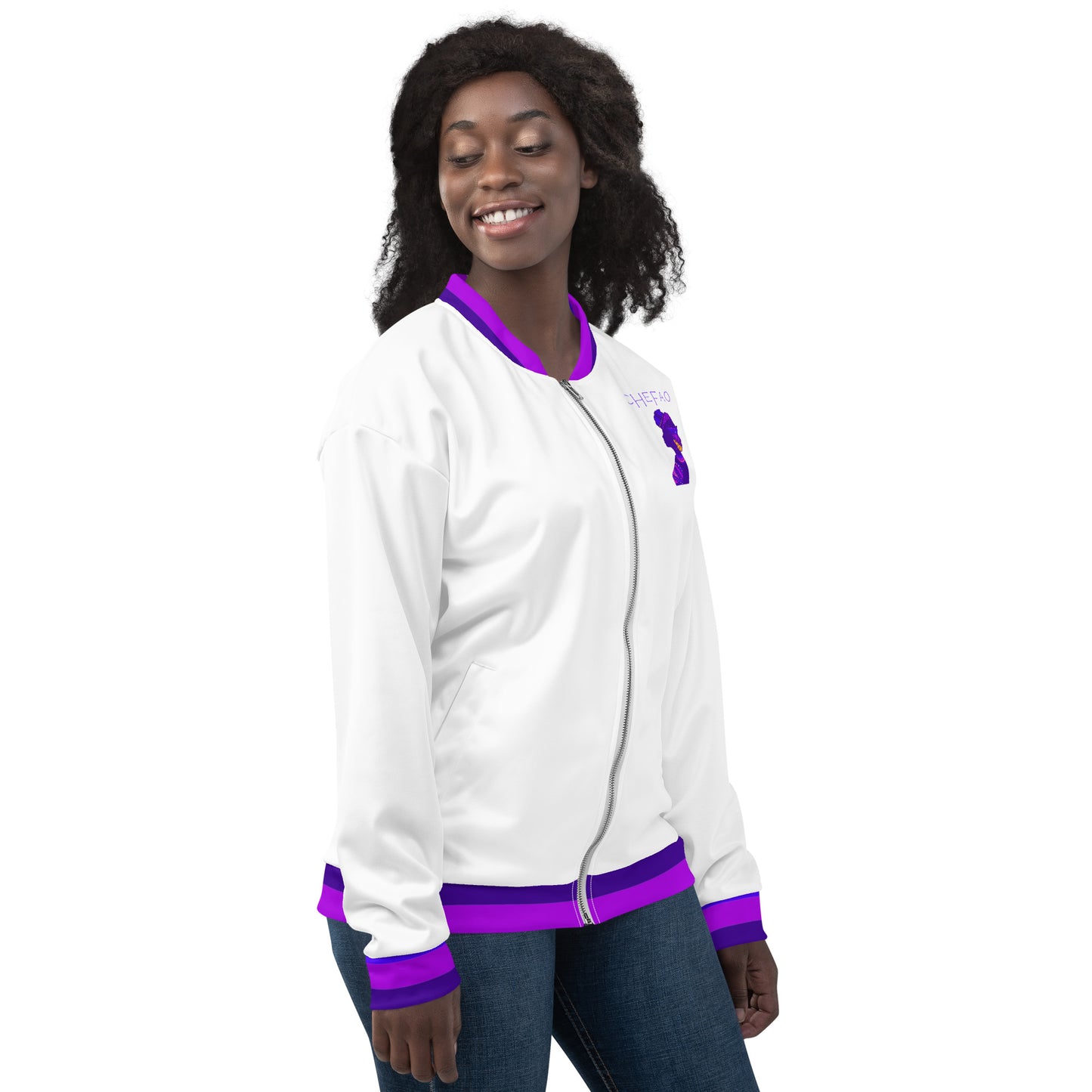 Birth of Humanity™ I, White/Purple Unisex Bomber Jacket